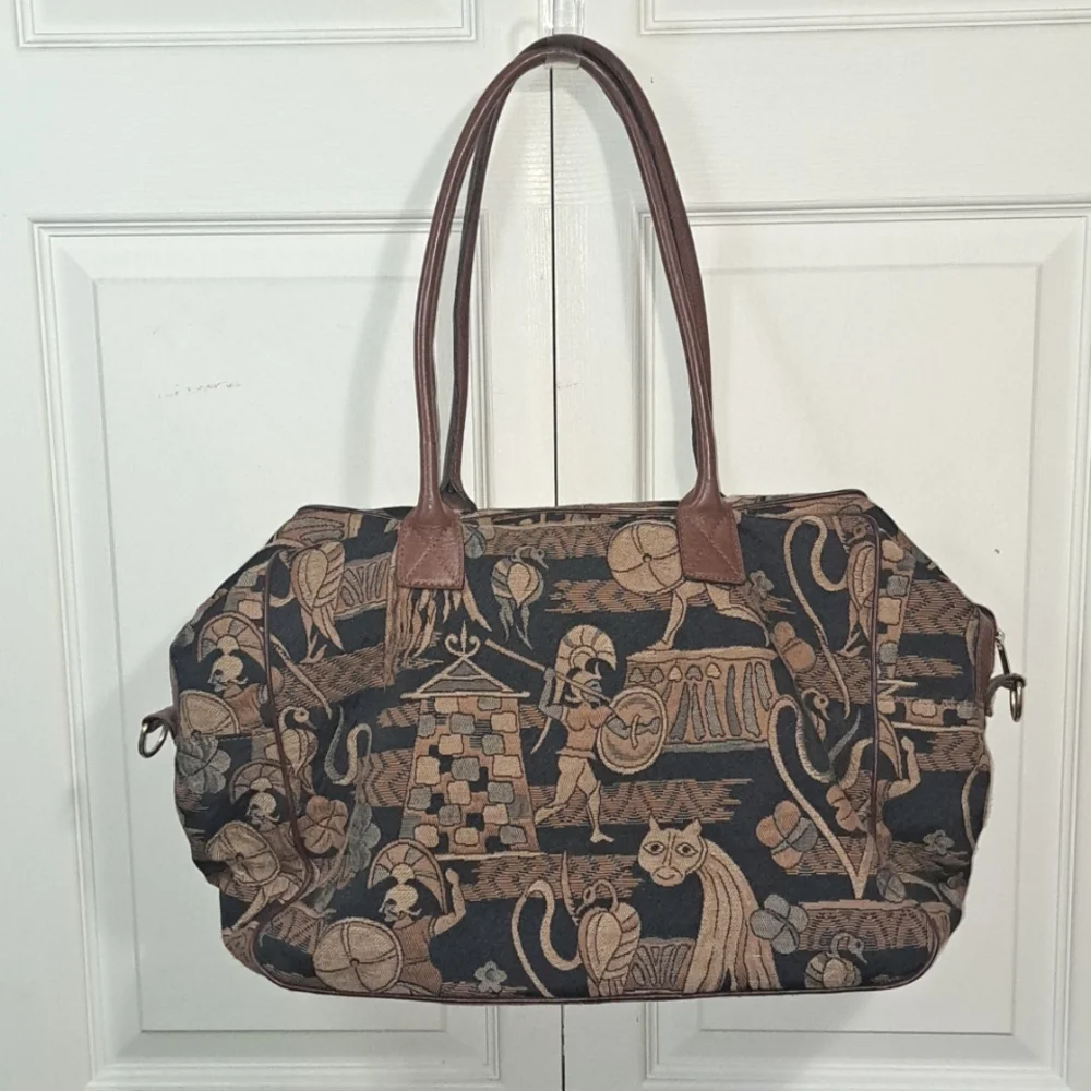 Vintage Black and Brown Tapestry Weekend Travel Bag